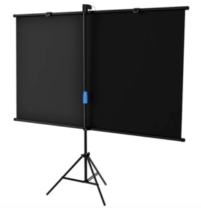 Back view of tripod projection screen showing durable black backing and sturdy tripod
