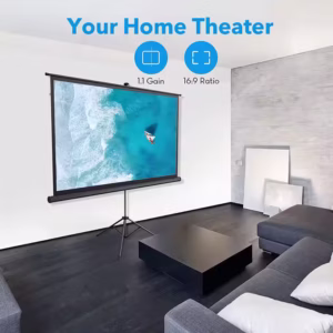 ripod projection screen set up in a modern living room for a home theater experience.