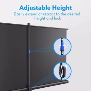 Tripod projection screen with adjustable height for versatile viewing angles.