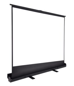 Front and side view of floor pull up projection screen showing compact base and screen details.