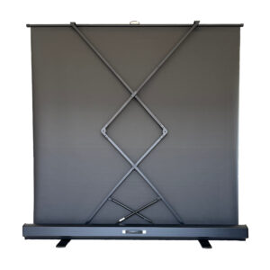 Back view of floor pull up projection screen with black backing and aluminum frame.