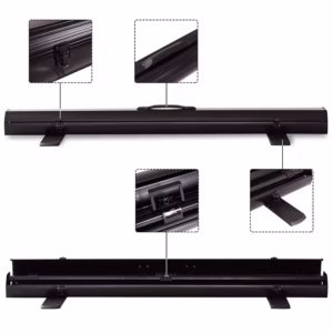 Floor pull up projection screen in its closed and portable form.