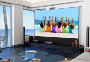 Motorised Floor Rising Projection Screen in a living room during the daytime.