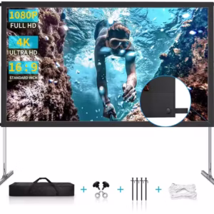 Fast Fold Projection Screen with media displayed and mounting accessories