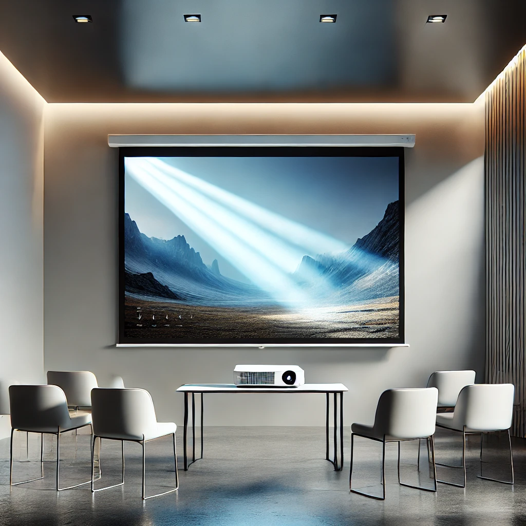 A modern projection screen in a professional office setting with a bright image displayed, surrounded by minimalistic furniture
