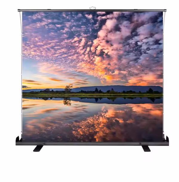 Motorised Floor Rising Projection Screen displaying vibrant image in a home setup