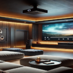A modern home theater setup featuring a large projection screen, cozy seating, and ambient lighting for an immersive viewing experience.