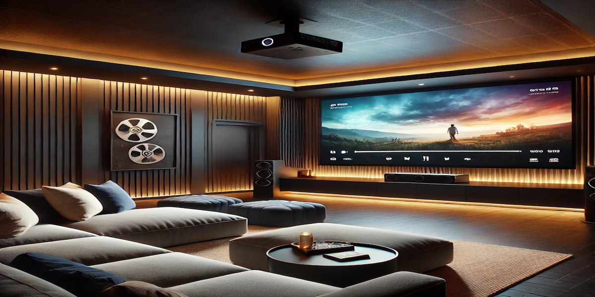 A modern home theater setup featuring a large projection screen, cozy seating, and ambient lighting for an immersive viewing experience.