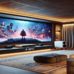 A luxurious home theater setup featuring a large projection screen, surround sound speakers, and ambient lighting.
