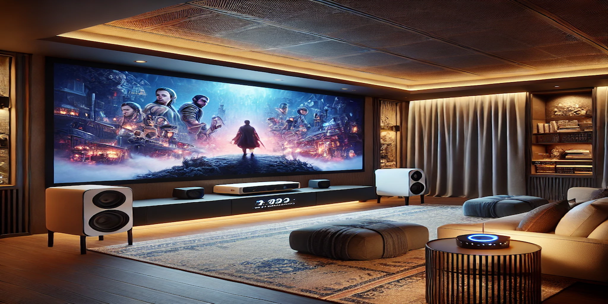 A luxurious home theater setup featuring a large projection screen, surround sound speakers, and ambient lighting.