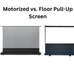Side-by-side comparison of a Motorised Floor Rising Projection Screen and a Floor Pull-Up Projection Screen, highlighting key differences.