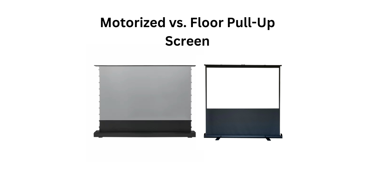 Side-by-side comparison of a Motorised Floor Rising Projection Screen and a Floor Pull-Up Projection Screen, highlighting key differences.
